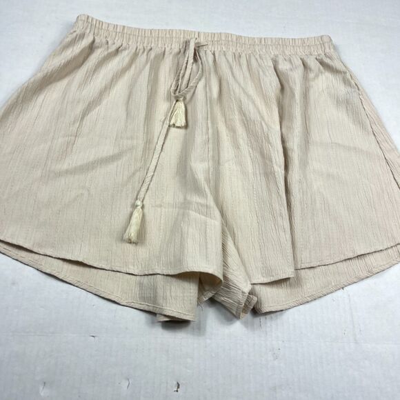 Cider Boho Lounge Shorts Crinkle Gauze Drawstring Tassel Waist Beige Casual 2XL - Picture 2 of 11